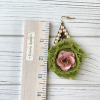 Lenora Dame Shabby Chic Rosette Drop Statement Earrings in Moss