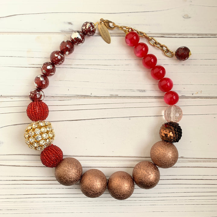 Red and brown beaded necklace for women. Chunky choker necklace for women.
