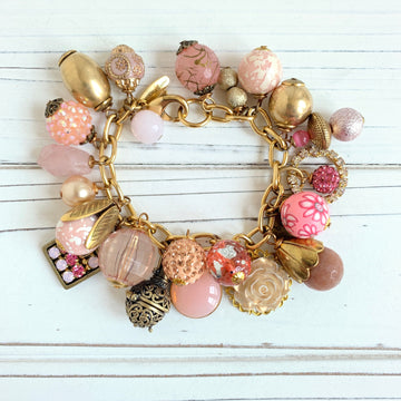 Pink bracelet for women. Gold charm bracelet with pink and gold charms. Valentines gift for her.