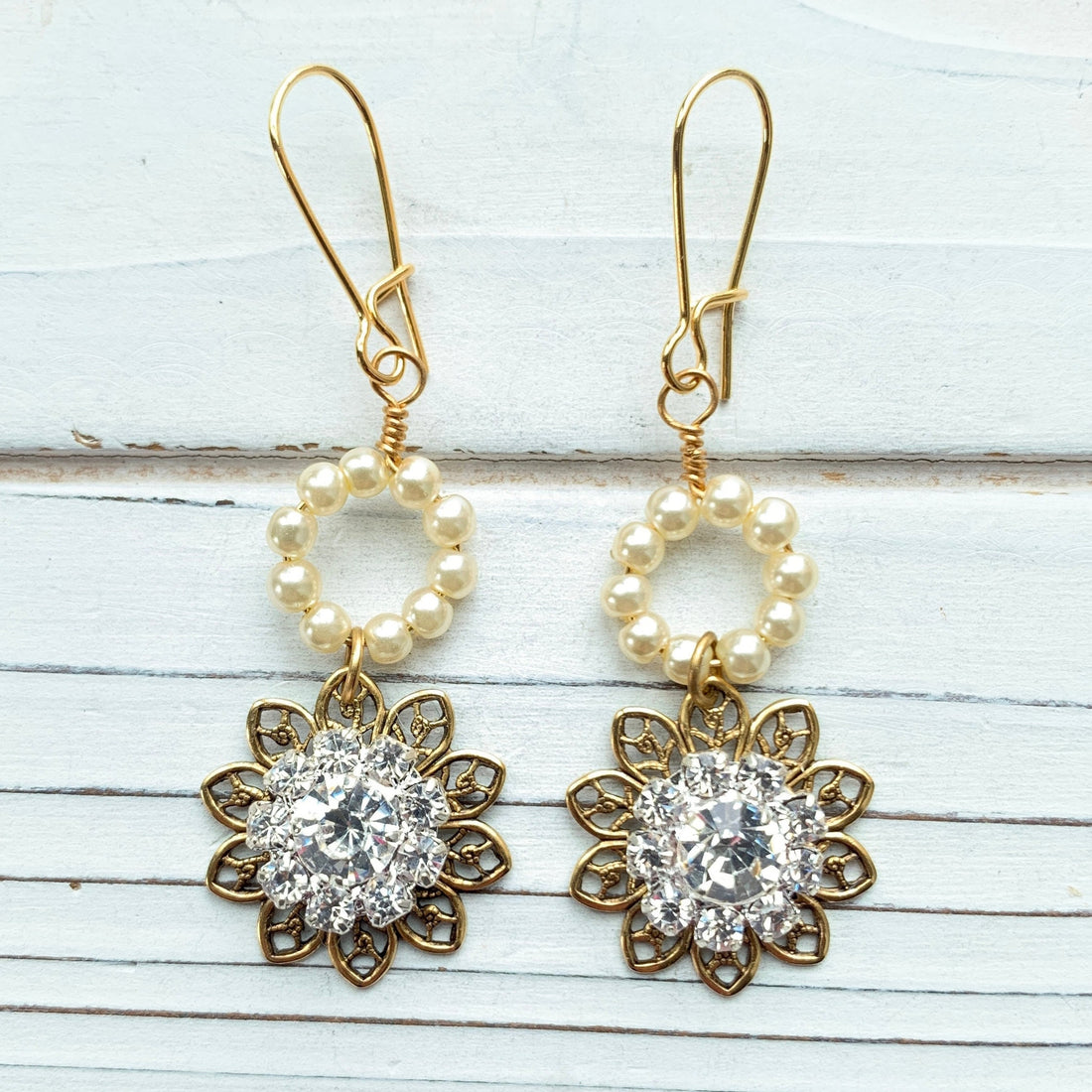 Lenora Dame Pearl and Rhinestone Floral Earrings
