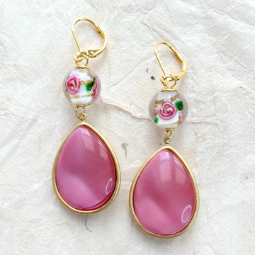 Pink rose earrings. Cute pink dangle earrings for women.