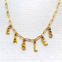 Philadelphia Eagles necklace. Gold paper clip chain necklace with letter charms that spell eagles.