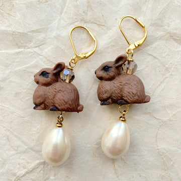 Cute bunny earrings with brown bunnies, faceted beads, and tear drop pearls. Easter basket gift idea. Lenora Dame earrings.