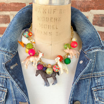 Farm animal charm necklace for women. Best gift for farmers. Colorful beads, and miniature farm animal charms on a gold chain.