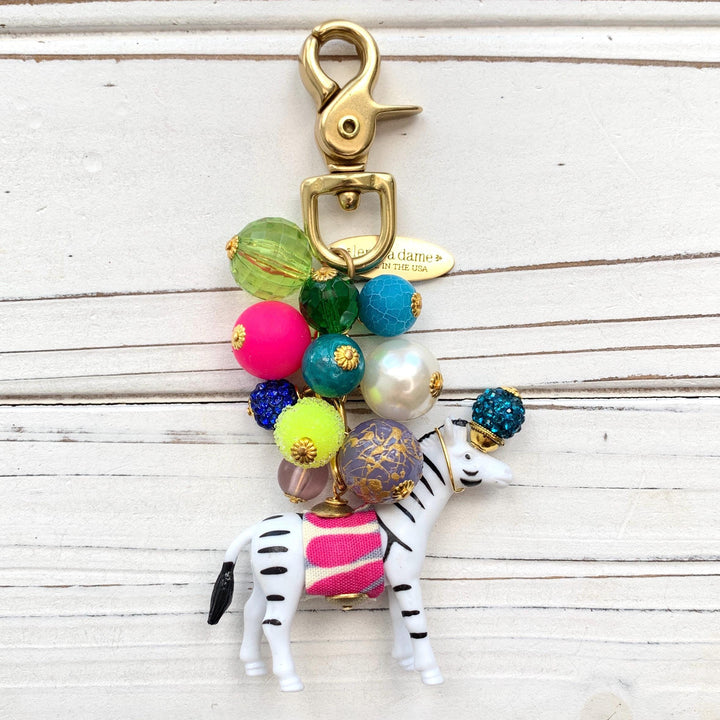 Cute zebra bag charm. Colorful beaded bag charm for handbag. Lenora Dame bag charms.