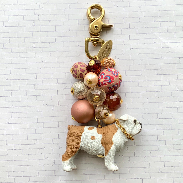 English bulldog keychain. Beaded bag charm with warm taupe and brown beads and bulldog figurine.