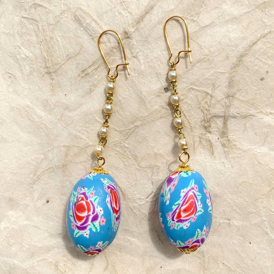 Blue floral dangle earrings. Lenora Dame earrings. Handmade jewelry. 