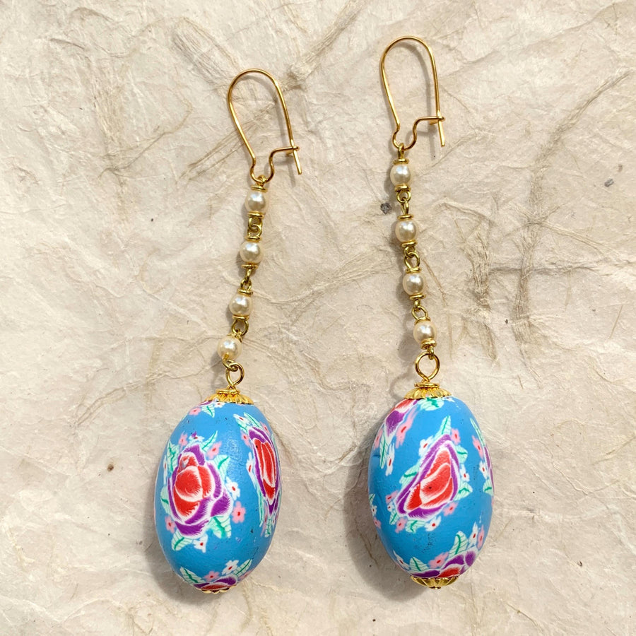 Blue floral dangle earrings. Lenora Dame earrings. Handmade jewelry. 