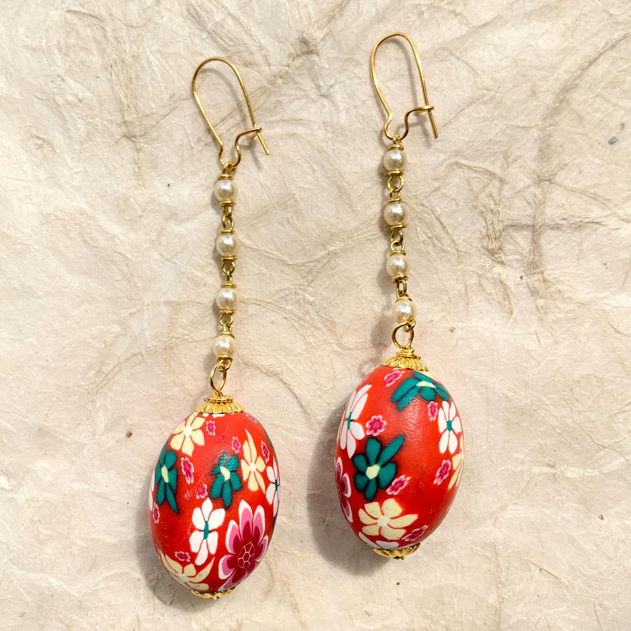 Red floral dangle earrings. Lenora Dame earrings. Handmade jewelry. 