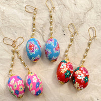 Lenora Dame earrings. Lenora Dame Easter Egg Earrings. Cute earrings for spring. Floral egg shaped fimo beads, pearl chain dangle from French ear hooks. 