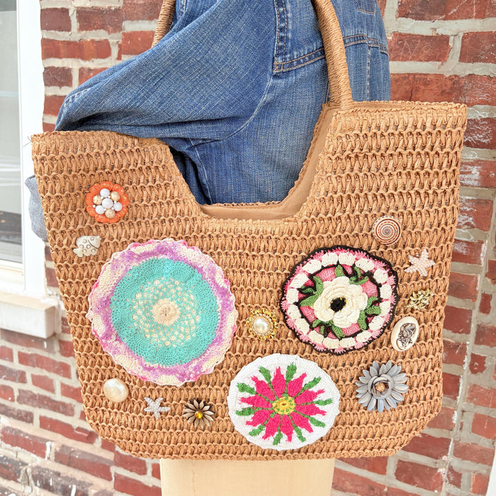 Crochet Flower Raffia Tote Bag - One-of-a-Kind