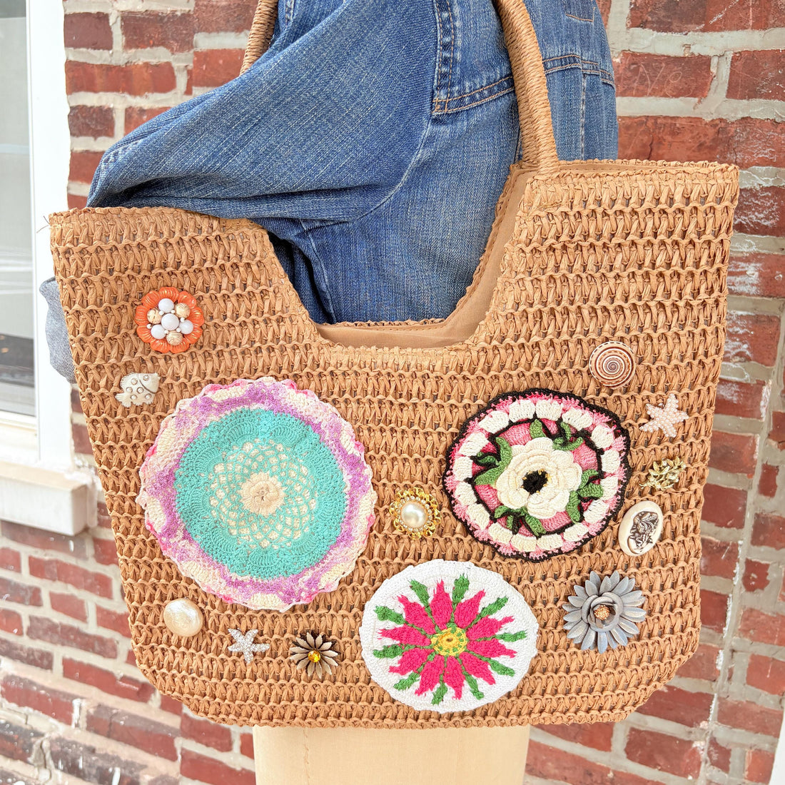 Crochet Flower Raffia Tote Bag - One-of-a-Kind