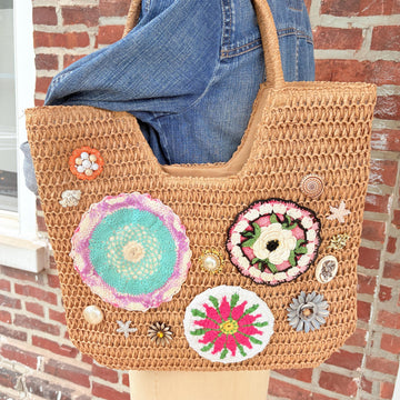 Crochet Flower Raffia Tote Bag - One-of-a-Kind