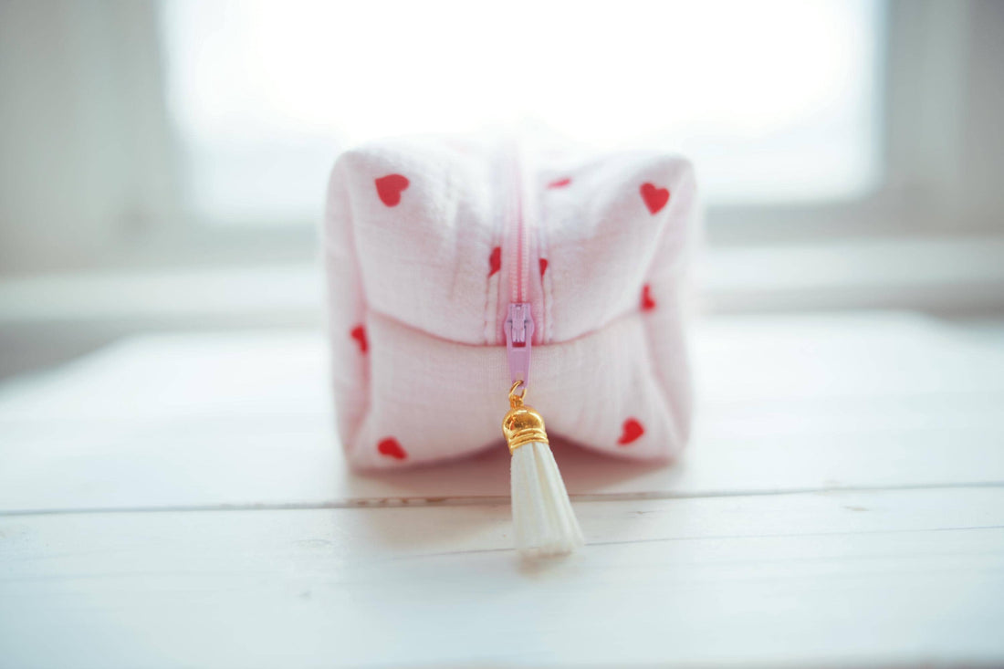 Lenora Dame One-of-a-Kind Quilted Heart Print Cosmetic / Makeup bag