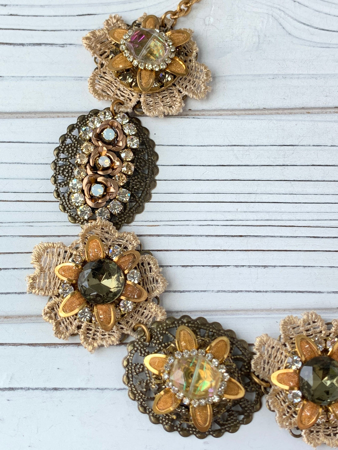Lenora Dame Bejeweled Detailed Vintage Inspired Bib Necklace in Soft Tones